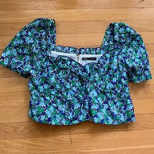 Zara Blue & Green Floral Puff Sleeve Top